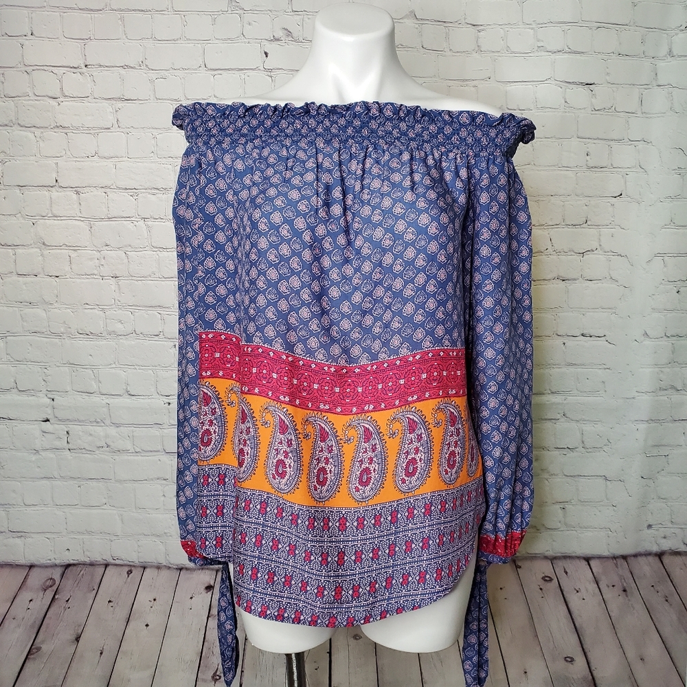 Beach Lunch Lounge Boho Blue Pink and Orange Paisley Ruffle Top Size S